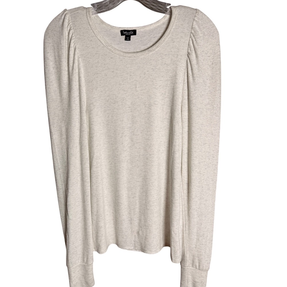 Splendid Puff Shoulder Top Women Medium Gray Metallic Ribbed Knit RF2K59M